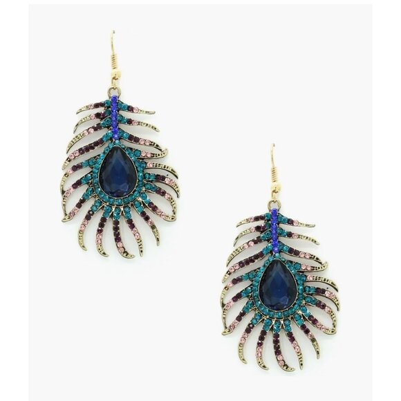 Crystal Peacock Feather Drop Earrings EYE CANDY LOS ANGELES - Picture 2 of 4